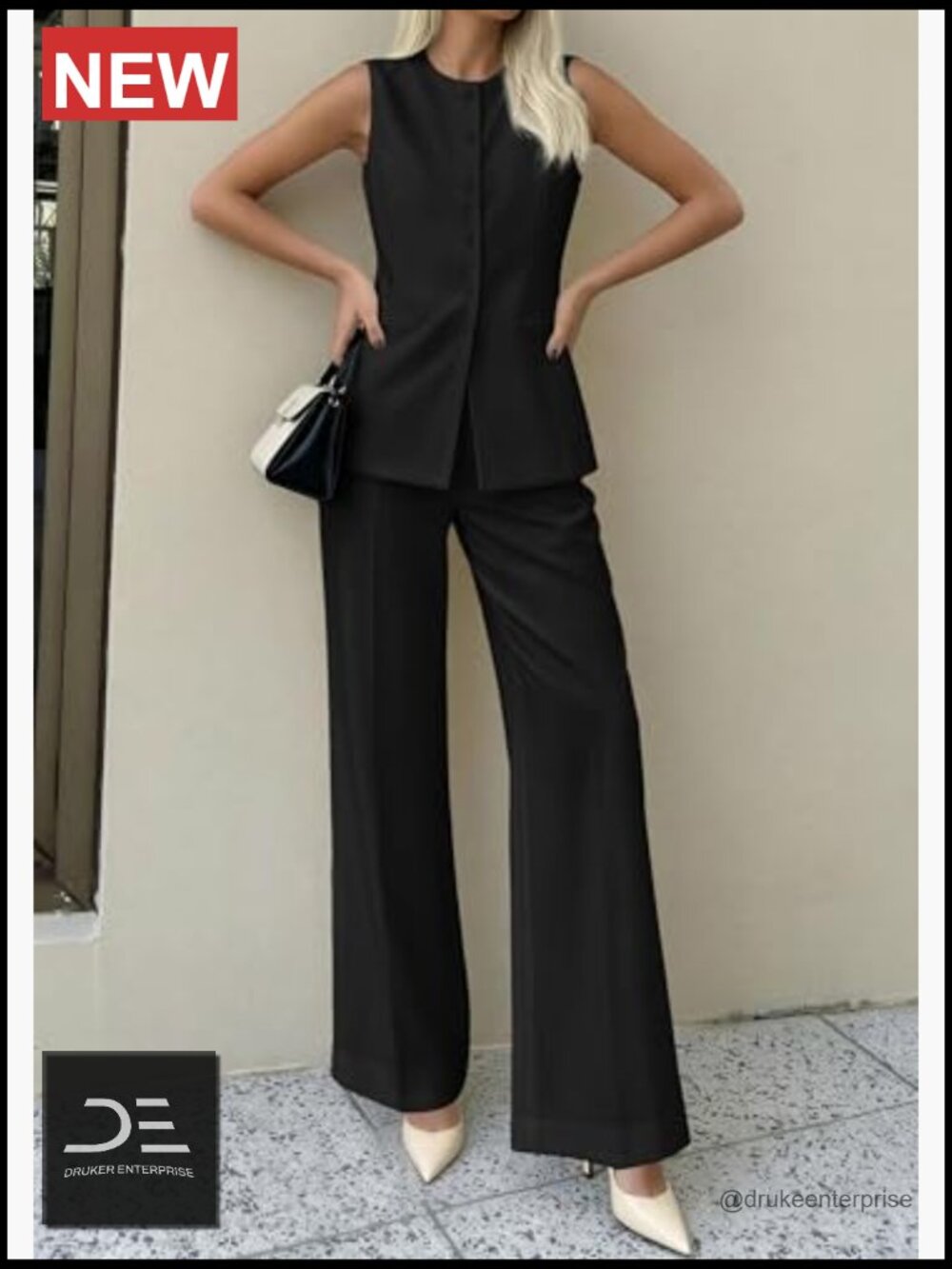 2 Piece Vest and Wide Leg Pants Set - Sleeveless Blazer Suit - Business Casual - Picture 6 of 7